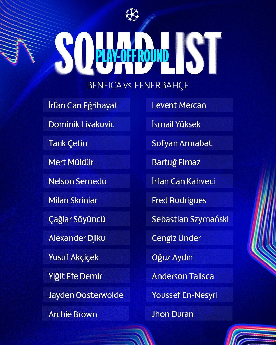 费内巴切欧冠附加赛次回合大名单:塔利斯卡、杜兰、什克在列